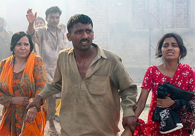 Group of people running with concerned expressions